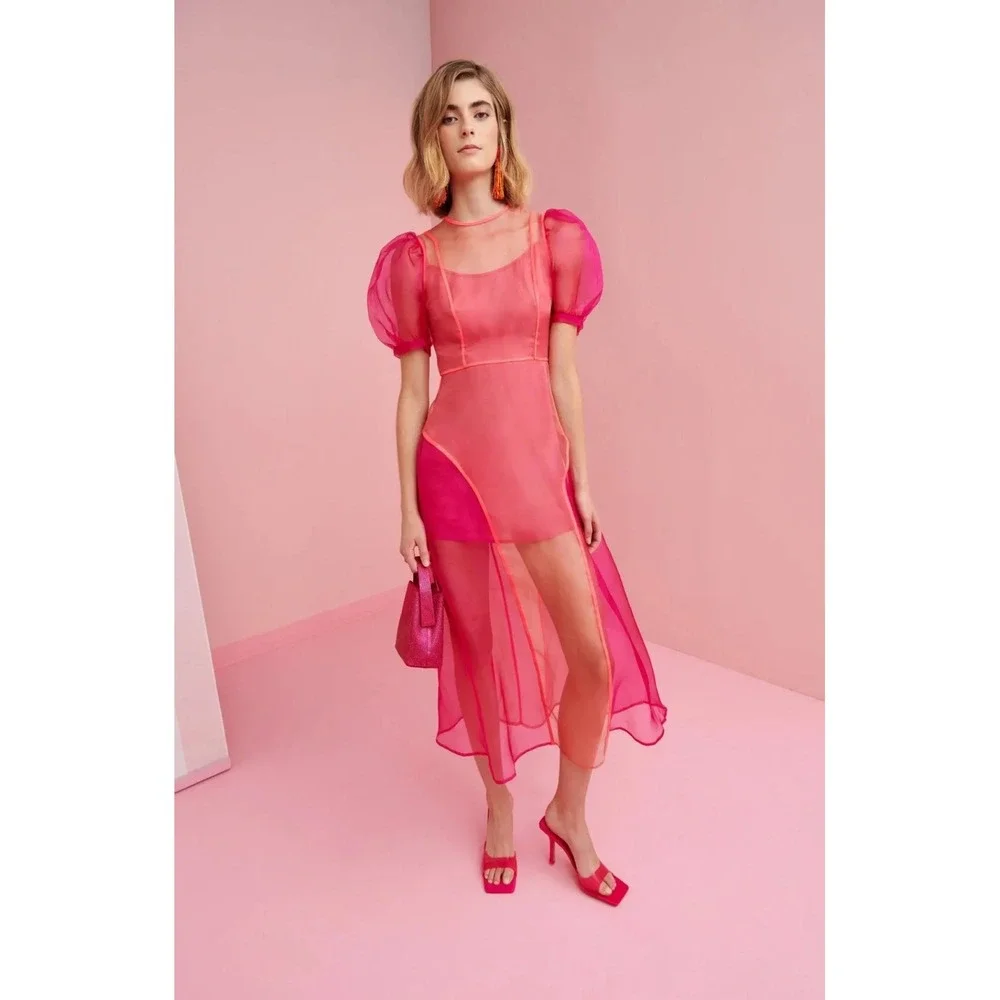 Celia B Nammu Silk Pink Peach Organza Colorblock Puff Sleeve Sheer Midi Dress